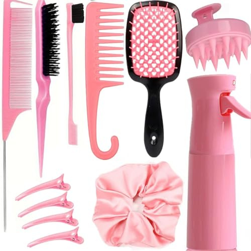 12 Pezzi Spazzola Capelli Ricci Set Completo, Spazzola Capelli per Capelli Asciutti e Bagnati, con Bottiglia Spray e Accessori, Rosa per Bambine e Donne