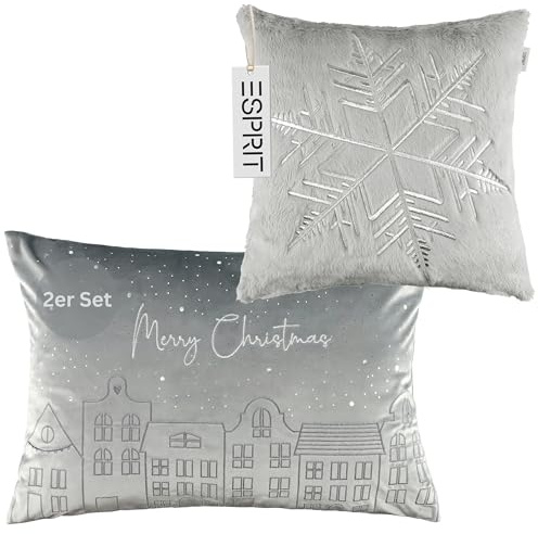 Esprit Weihnachtskissen weiß 2er Set – Kissenbezug Weihnachten Samtoptik Schneeflocke & Merry Christmas – 1x Deko Kissenhülle 40x40 & 1x 40x60 cm, kuschelig, weich, für Sofa & als Geschenkidee