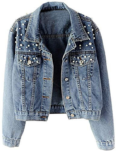 Lazutom Giacca in denim vintage da donna, con perle e perline, Blu, 36