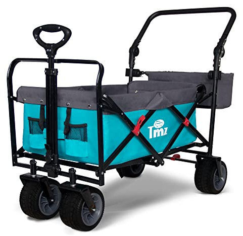 TMZ All Terrain Utility Faltbarer Wagen, zusammenklappbarer Gartenwagen, robuster Strandwagen, für Shopping, Camping, und Outdoor-Aktivitäten mit Schiebegriff und Bremsen (Türkis/Grau)