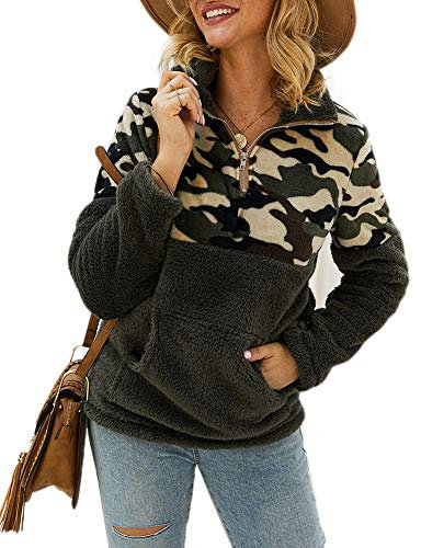 YOUCAI Damen Leopardenpullover Freizeit Langarm Revers Sweatshirt Plüsch Weich Warm Sweater Reißverschluss Pullover Jacke Oberteil mit Taschen,Armeegrün 2,M