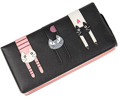 EVEOUT Portefeuille Long Femme Faux Cuir Portefeuille à Deux Volets Mignon Sac d'argent Court avec Porte-Monnaie Titulaire de la Carte Noir