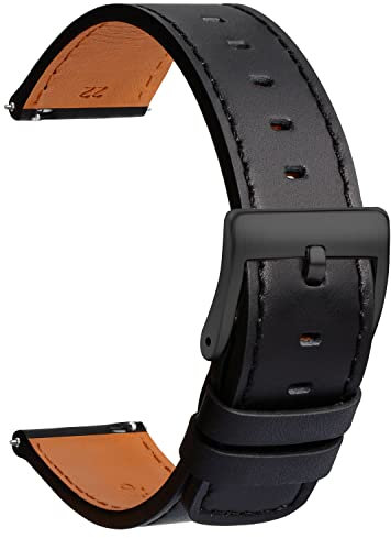 TStrap Leder Uhrenarmband 18mm - Weich Schwarz Quick Release Uhrenarmbänder Ersatz Schnellverschluss - Sport Uhrenarmband für Herren Damen - Smartwatches Armband Haspe Schließe - 19mm 20mm 21mm 22mm