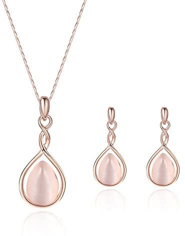 HSAJS Schmuck Set für Damen,Halskette Kette Ohrringe Set, Schmuckset mit Kristallen,Rosegold Hochzeit Schmuck Set Edelstein Brautschmuck Set- Ohrhanger für Frauen - Halskette mit Anhänger (Pink)