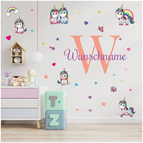 Wandsticker personalisiert Sticker Aquarell Tiere mit Name Wandtattoo für Kinderzimmer Babyzimmer Spielzimmer Mädchen Junge Y037 (Nr. 22 Einhörner, Mit Wunschname)