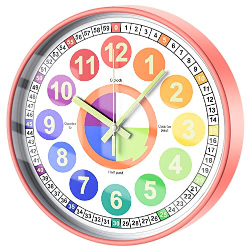 HOSTON Kinder Wanduhr, Lernende Uhr für Kinder Lehrende Uhr, 12 Zoll Jungen Mädchen Leuchtende Wanduhr für Kinderzimmer, Klassenzimmer, Spielzimmer, Schlafzimmer, Schule(Rosa)