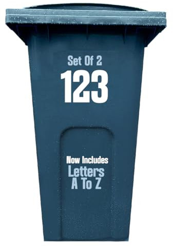Personalised Wheelie Bin Numbers 1-999 (and/or. Letters A-Z) *2 SETS* (Up to 6 Stickers) Waterproof Self Adhesive Vinyl Stickers - (White)