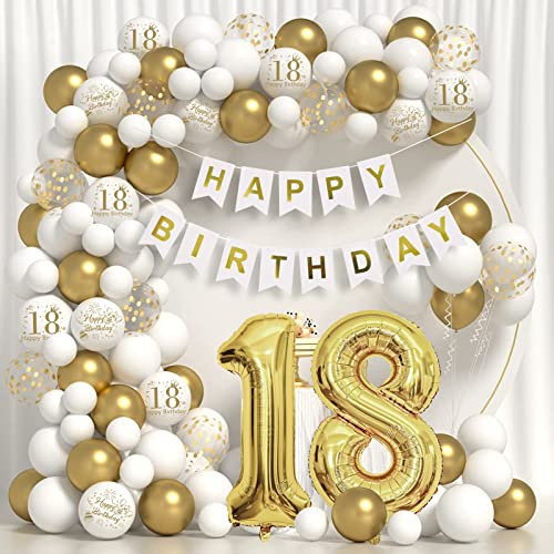 YIMAKJ 18 Geburtstag Deko, 18. Geburtstag Mädchen Junge, 18 Jahr Geburtstagdeko, Happy Birthday Luftballons Girlande Weiß Gold Deko, Geburtstag Konfetti Luftballons, 18 Happy Birthday Banner