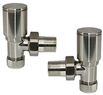 NRG Manual Valves Angled Round Head Satin Nickel Towel Rail Designer Radiator Valves One Pair