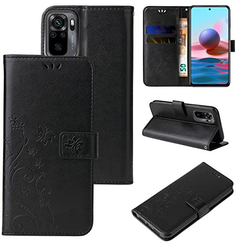 LBH Handy Hülle für Xiaomi Redmi Note 10 Case Handytasche Schmetterling Blumen Flower Standfunktion Schutzhülle Magnet Rundum Schutz 360 Grad Flipcase Cover Schwarz