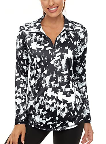 Ladies Golf Polo Shirts, Womens Long Sleeve Gym Tops Casual Zip Up Sports Shirts Ladies Sun Protection Womens Walking Hiking Tennis Tops