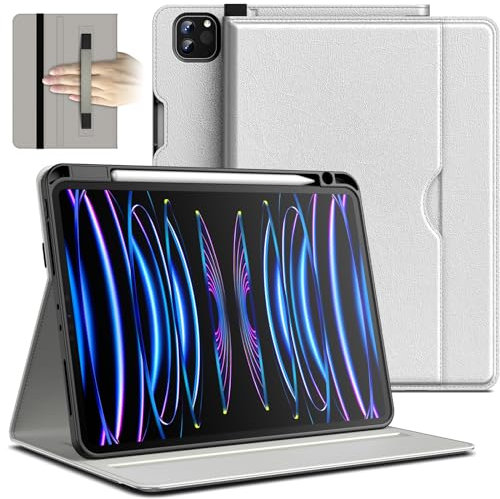 JETech Hülle für iPad Pro 11 Zoll 4/3/2 (Modell 2022/2021/2020), PU Leder Folio Schutzhülle mit Handschlaufe, Stifthalter & Tasche, Multi-Winkel Betrachtung (Silber)