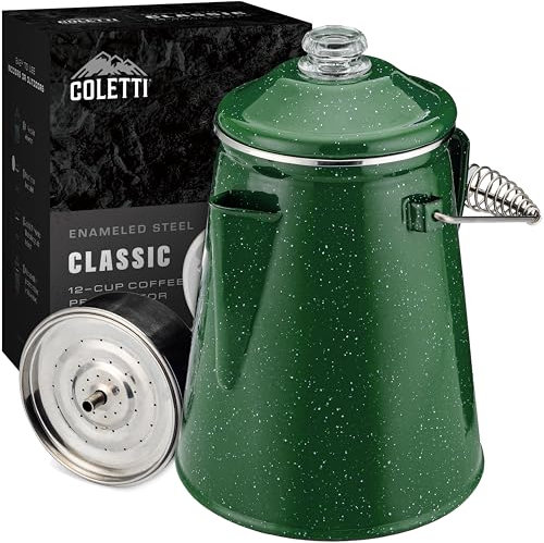 Coletti Cafetière percolateur Classique en émail (Vert, 12 Tasses) — La cafetière de Camping Originale rendue Moderne — Indispensable pour Le maître brasseur du Camping