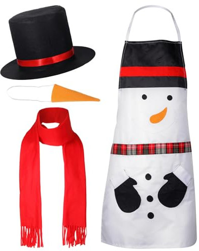Hestya 4 Stück Weihnachtsschürze für Erwachsene mit Schneemann Hut Nase und Rotem Schal Weihnachten Küchenschürze Schneemann Kostüm Accessoires Party Mitgebsel Geschenk für Zuhause Foto Requisiten