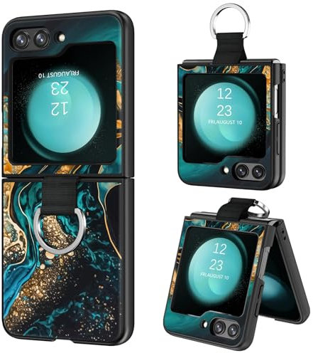 BENTOBEN for Samsung Z Flip 5 Case with Ring Holder, Glow in the Dark Green Gold Marble Pattern Slim Silicone Flexible Full Protective Women Men Shockproof Case for Samsung Galaxy Z Flip 5, Green