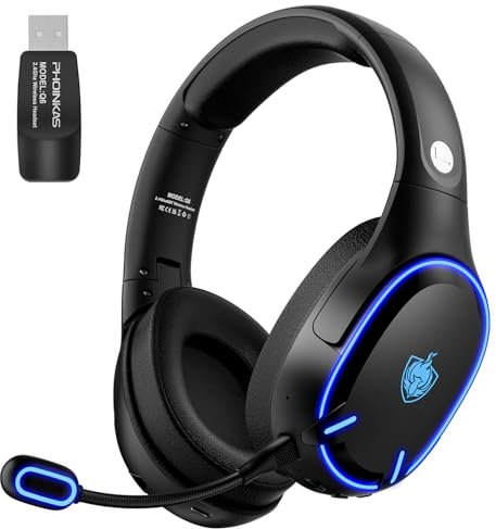 PHOINIKAS Gaming Headset Wireless, Bluetooth Headset mit Dual-Chips, Bluetooth 5.3 für Handy/Laptop, 2.4Ghz Dongle für PC/PS4/PS5/TV/Switch, Noise Cancelling Mikrofon, 30 Stunden Akku, LED Licht