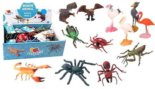 FLYPOP'S - Packung mit 24 flüchtigen Tieren und Insekten – Tierwelt – 032650PA – Mehrfarbig – Kunststoff – fliegendes Tier – Spielzeug für Kinder – realistisch – Miniatur, 6,5 cm – ab 3 Jahren