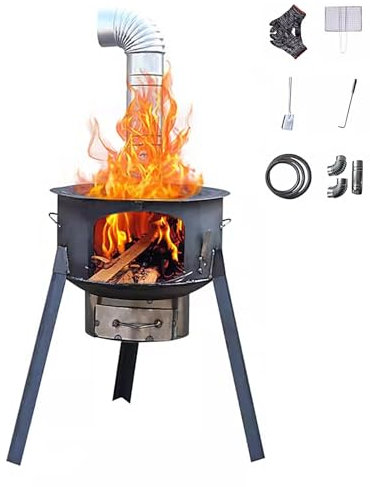 Raketenofen mit Grillplatte, Kaminofen Holzofen mit Kaminrohr, Zeltofen mit Handschuhen Feuerschaufel, Tragfähigkeit 160kg für Terrasse Feld Innenbereich(48 * 48 * 60cm)