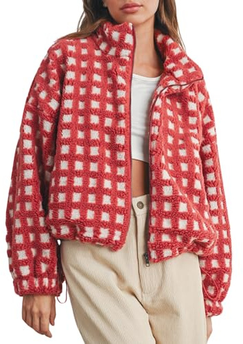 Esmeling Veste courte à manches longues en polaire Sherpa à carreaux pour femme, Rouge, Large