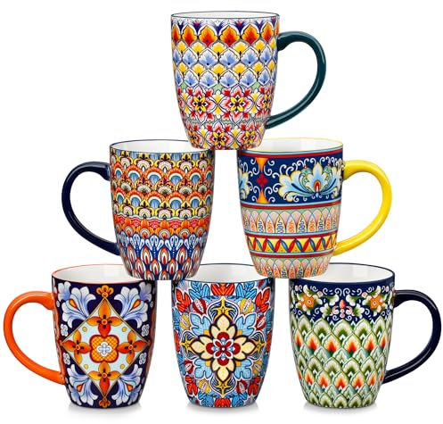 vancasso SIMI Mugs Set, 16oz/480ml Porcelain Coffee Mug Set of 6, Bohemian Style Tea and Coffee Cups with Handle, Microwave & Dishwasher Safe, Suitable for All Kinds of Drinks