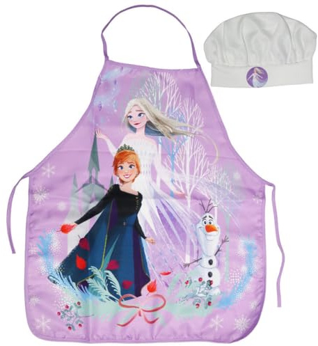 Aymax Disney Frozen Kochset für Kinder – Schürze & Mütze mit Anna, Elsa & Olaf – 55x45 cm – Küchenset für Mädchen 3–6 Jahre – 100 % Polyester – zauberhaftes Kocherlebnis für kleine Küc