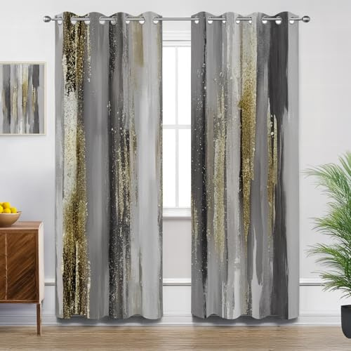 Mistela Grau Gold Verdunklungsvorhänge - Gardinen Moderner Pinselstrich Abstrakt Luxus Blickdicht Vorhang mit Ösen Verdunklungsvorhänge für Wohnzimmer Schlafzimmer Dekoration - 2er Set - H220 x B140cm