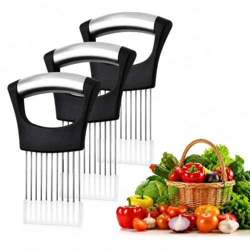 3PCS Cortador de Cebolla de Acero Inoxidable con Protector de Dedos, Cortador de Verdura Rebanador de Cebolla Seguro para Corte de Verduras, Utensilio de Cocina Multifuncional para Frutas, Verduras