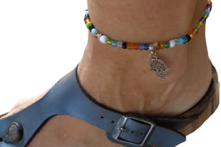 KUNTERBUNTES GLASPERLEN FUSSBAND, FUSSKETTE & HAMSA FATIMAS SCHÜTZENDE HAND Ethno Beach • Festival BARFUSS Boho Fusskettchen elastisch