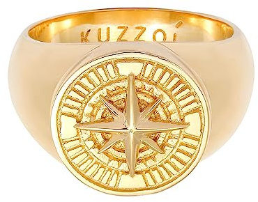 Kuzzoi Siegelring Herrenring rund, massiv 15 mm breit in 925 Sterling Silber vergoldet, Ring golden mit Kompass Symbol, Maritimer Ring für Männer in der Ringgröße 64, 0605512820_64