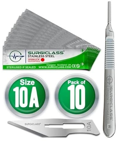 Surgical Scalpel Surgical Blades # 10A Stainless Steel Sterile Pack of 10 and Handle No 3 Perfect for wood art, Surgical, Sculpting, Repairs, Lab Anatomy, Sign, Card Making Lab Training SURGIGR10A-10