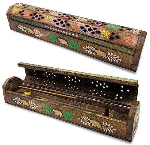Quemador Incienso (incensario) Caja de Madera Decorada a Mano en India - Exclusivo diseño de Colores y Elefantes 30.5x6.2x5.5 - - Peso 240 g. Porta Incienso Madera