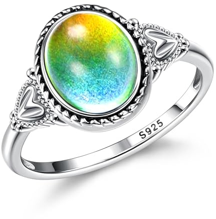 Florideco 925 Sterling Silver Mood Rings for Women Vintage Handmade Victorian Rings Oval Solitaire Ring 18K White Gold Plated Color Change Mood Rings Womens Jewelry MD8