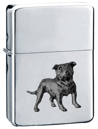 Briquet tempête D17 Staffordshire Bull Terrier en étain anglais avec finition noire et chrome argenté rechargeable