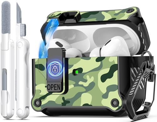 R-fun kompatibel mit AirPods Pro 2 Hülle (Auto Pop-Up-Deckel) mit Reinigungsset, kompatibel mit Airpods Pro 2./1. Gen(2023/2022/2019), für Airpods Pro Hülle (USB-C/Lightning-Kabel),Regenwaldtarnung