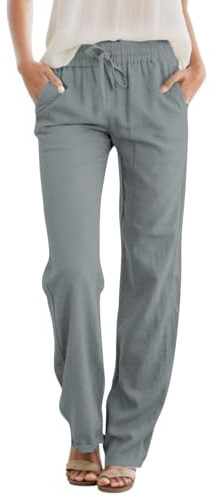 SEMARO Womens Casual Linen High Waist Pants Drawstring Loose Fit Summer Pants Trousers with Side Pockets Grey