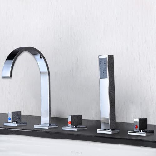 Badewannenarmatur 5-Loch Armatur für Badewannen Fliesenrandarmatur Badewanne Armatur Set mit Handbrause & Brauseschlauch, Badarmatur Wasserfall-Badewannenarmatur, Silber