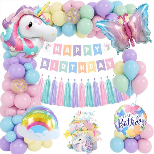 Decoración de Cumpleaños Unicornio para Niñas - Globos Pastel, Pancarta Happy Birthday, Unicornios Mariposa Globo de Aluminio - Feliz Cumpleaños para Chicas