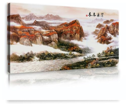 SHENGPOSTER Vintage Orientalische Wandkunstdrucke Chinas landschaftliche Schönheit Leinwandmalerei Majestätische Berge und ruhige Flüsse Wanddekoration Poster 40x80cm Innenrahmen