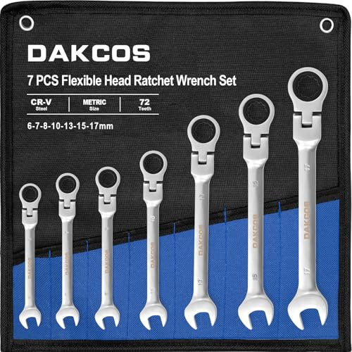 DAKCOS Jeu de 7 clés à cliquet mixte, cle 6,7,8,10,13,15,17mm Clé mixte à cliquet 72 dents métrique articulée en CR-V avec finition chromée mate