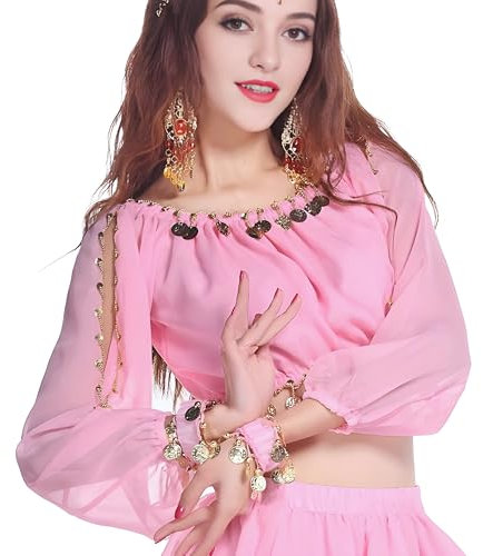 Wuchieal Women's Carnival Stage Performance Tops,Belly Dance Long Sleeves Top,Crop Top with Gold Coins (One Size, Pink)