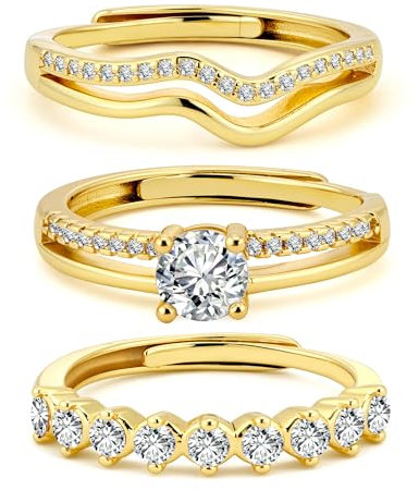 ALEXCRAFT Rings Women Gold Adjustable Rings For Women Gold With Cubic Zircon Stones Stackable Ring14K Gold Plated 3Pcs