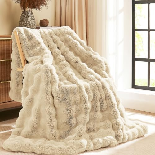 L'AGRATY Faux Rabbit Fur Blanket: 130x160cm Luxury Soft Fluffy Fur Throw | Thick Blanket for Couch Bed Sofa - Cozy Plush Bubble Blankets with Warm Flannel Fleece(Single,Almond White)