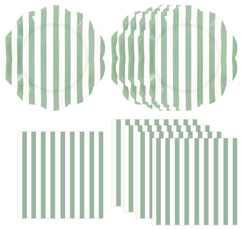 DHAIQC 50 Pièces Vaisselle Jetable Anniversaire Rayée, Vert Blanc Assiettes en Carton et Serviettes Pour Gâteaux Desserts Anniversaires Baby Showers Mariages Fete Décorations (Vert)
