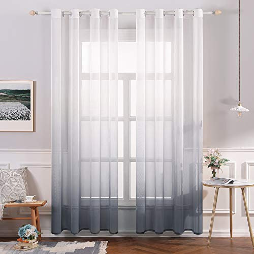 MIULEE Gardinen Transparent Vorhänge Farbverlauf Voile Sheer 2er Set Vorhang mit Ösen Dekoschal Fensterschal für Schlafzimmer und Wohnzimmer 225 cm x 140 cm(H x B) Weiß Grau