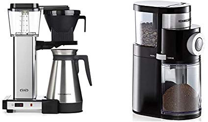 Moccamaster Filter Kaffeemaschine KBGT Thermos, 1.25 Liter, 1450 W, Polished & ROMMELSBACHER Kaffeemühle EKM 200 – 2-12 Portionen, Füllmenge Bohnenbehälter 250 g, 110 Watt, schwarz