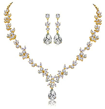 Shuxin Hochzeit Schmuckset für Damen, Gold-Ton Halskette & Ohrringe & Set, Weißgold Plattiert Blumen Braut Schmuck Set mit 5A Weiß Zirkonia, Allergenfrei Hochzeitsschmuck für Braut Brautjungfern