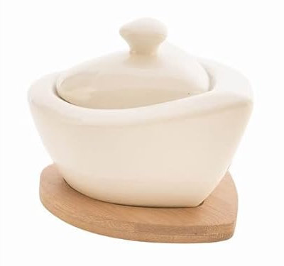 Azucarero de porcelana blanca con cucharilla, base de madera