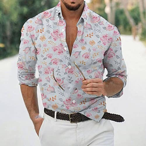 Chemise Manches Longues Imprimée Homme,Hommes Floraux Chemises À Manches Longues Rose Motif Chemise Hommes Mode Décontracté Ample Bouton Bas Chemise Appliquer À Wedding Party Prom Performing Co