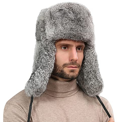 Fliegermütze aus Kunstfell Pelzmütze Wintermütze Earflap Trapper Mütze Winter Warm Trappermütze Fellmütze Russenmütze Russische Skimütze für Herren Skating Grau