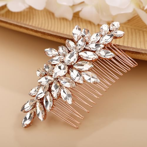 Chargances Kristall Braut Haarkamm Rose Glod Hochzeit Strass Haar Seitenkamm Mode Haarspange Handmade Haarschmuck für Braut Hochzeit Abschlussball Blumenmädchen Kopfschmuck (Roségold)